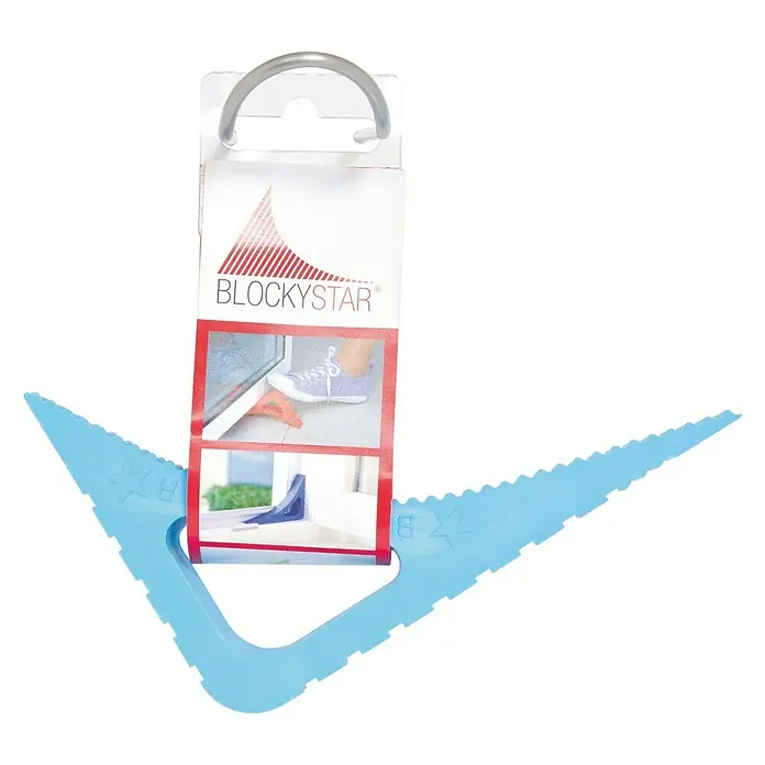 Retenedor para puerta y ventana Blockystar - Turquesa - Un tope de puerta Blockystar azul claro en su embalaje de venta al por menor con ejemplos de aplicación impresos.