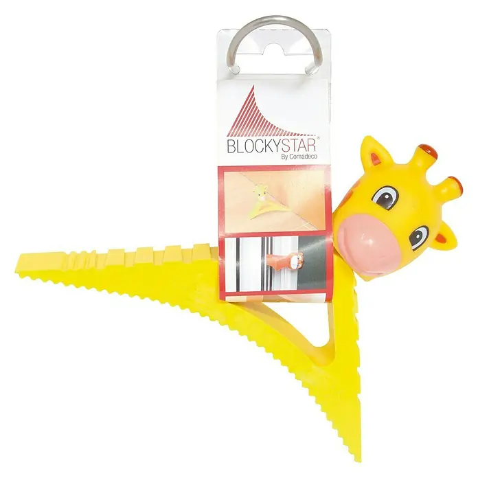 Retenedor para puerta y ventana Blockystar - Multicolor - Tope de puerta amarillo con forma de jirafa con etiqueta "BLOCKYSTAR" y aro metálico. Práctico y decorativo.