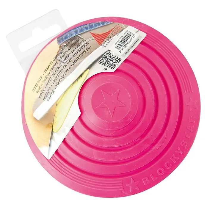 Tope de puerta y ventana Ovni Blockystar - Plástico, Ø x Al: 12 x 3 cm, Rosa - Tope de puerta rosa BLOCKYSTAR con patrón de estrella y embalaje, ideal para asegurar puertas y ventanas.