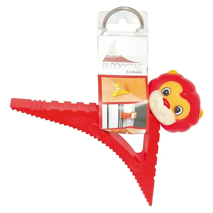 Retenedor para puerta y ventana Blockystar - Multicolor - Tope de puerta rojo en forma de león con colgador y etiqueta del producto.