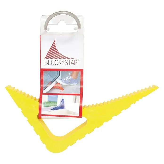 Retenedor para puerta y ventana Blockystar - Amarillo - Cuña para puerta Blockstar amarilla con bordes dentados y dispositivo para colgar para una colocación segura de la puerta.
