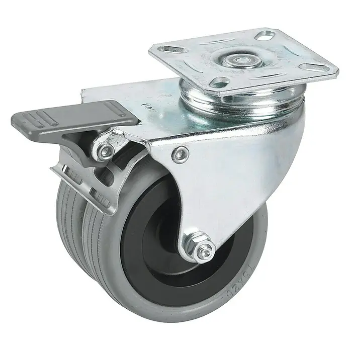 Dörner & Helmer Apparate-Doppelrolle - Durchmesser Rollen: 50 mm, Traglast: 80 kg, Doppeltes Kugellager im Drehkranz, Mit Platte und Feststeller - Drehbare Möbelrolle mit Bremse. Robuste Bauweise für Möbel oder Industrieeinsatz, bietet Flexibilität und sicheren Stand.