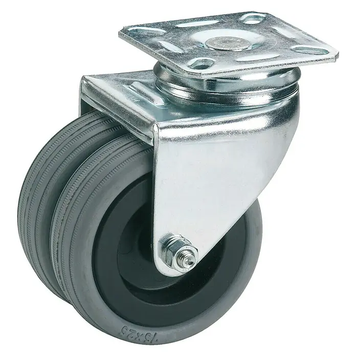Dörner & Helmer Apparate-Doppelrolle - Durchmesser Rollen: 50 mm, Traglast: 80 kg, Doppeltes Kugellager im Drehkranz, Mit Platte - Das Bild zeigt eine Schwerlast-Lenkrolle mit doppelten grauen Rädern und einer Montageplatte aus Metall.