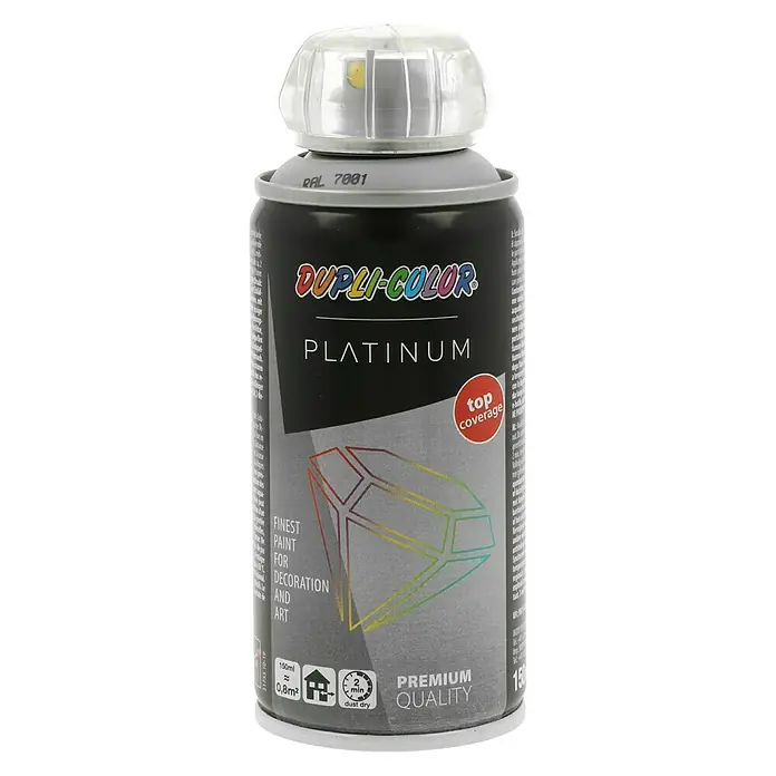 Dupli-Color Platinum Sprühlack RAL 7001 - Silbergrau, Seidenmatt, 150 ml - Abbildung einer Dose Dupli-Color Platinum Sprühfarbe, ideal für Dekoration und Kunst, mit hochwertiger Deckkraft und schneller Trocknung.