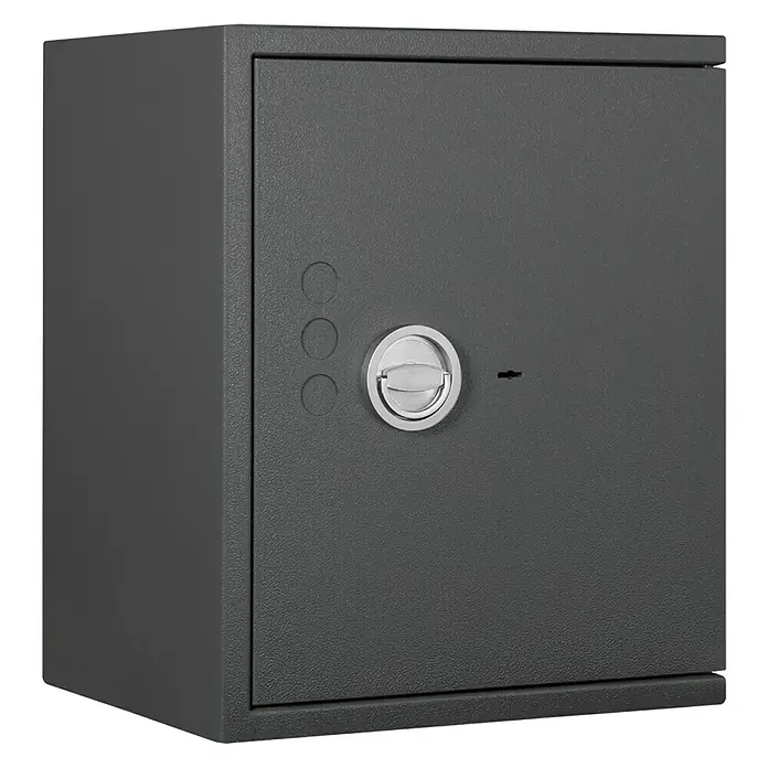 Format Wertschutzschrank Lyra 3 - Doppelbart-Hochsicherheitsschloss, L x B x H: 420 x 500 x 605 mm - Grauer Safe mit silberfarbenem Drehknopf und Schlüsselloch, der Sicherheit und Schutz für Wertsachen bietet.