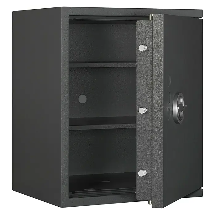 Format Wertschutzschrank Lyra 3 - Doppelbart-Hochsicherheitsschloss, L x B x H: 420 x 500 x 605 mm - Abgebildeter, offener Safe mit zwei Regalböden. Ideal für Wertgegenstände.