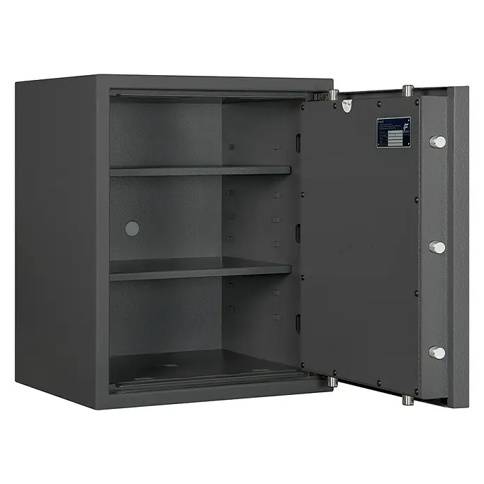 Format Wertschutzschrank Lyra 3 - Doppelbart-Hochsicherheitsschloss, L x B x H: 420 x 500 x 605 mm - Ein Tresor mit offener Tür. Dieser Sicherheitsschrank bietet robuste Aufbewahrungslösungen und Schutz für Wertsachen.