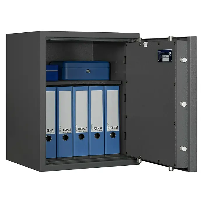 Format Wertschutzschrank Lyra 3 - Doppelbart-Hochsicherheitsschloss, L x B x H: 420 x 500 x 605 mm - Ein grauer Tresor der Marke Format steht offen und bietet Platz für Aktenordner und eine blaue Geldkassette.