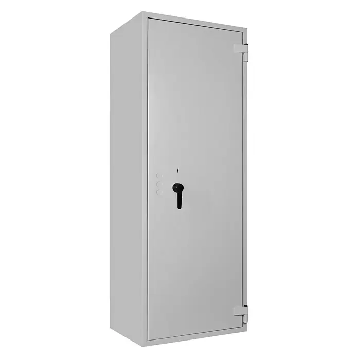 Format Stahlbüroschrank SB Pro 50 - Doppelbart-Hochsicherheitsschloss, L x B x H: 550 x 700 x 1.900 mm - Ein grauer Waffenschrank mit einem Griff und einer Tür, der für die sichere Aufbewahrung von Waffen konzipiert ist.