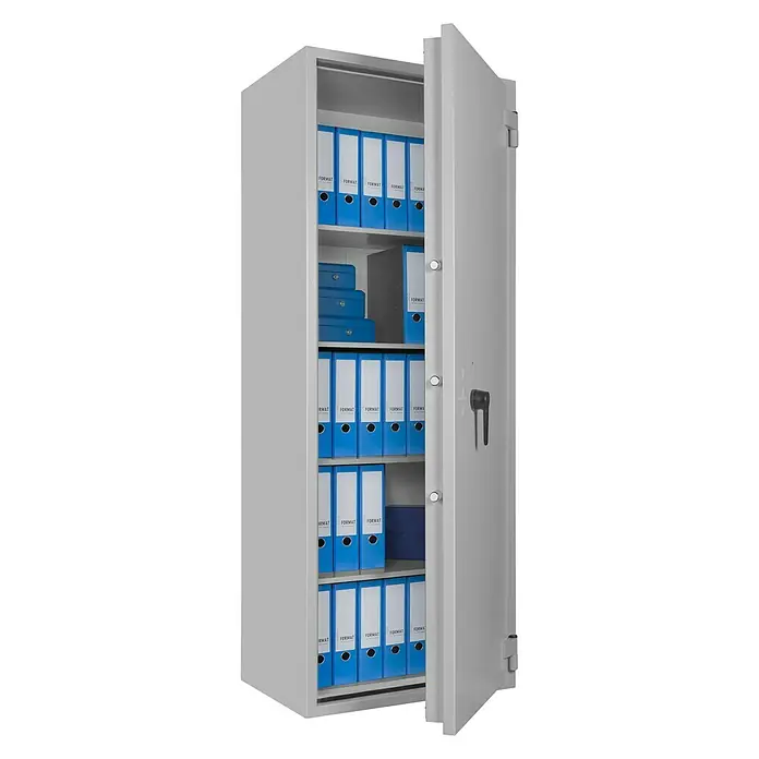 Format Stahlbüroschrank SB Pro 50 - Doppelbart-Hochsicherheitsschloss, L x B x H: 550 x 700 x 1.900 mm - Ein grauer Aktenschrank mit blauen Aktenordnern auf mehreren Regalen, die durch die geöffnete Tür sichtbar sind.