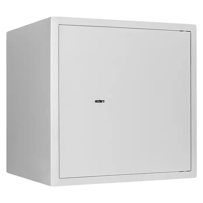 Format Möbeltresor F 2 - L x B x H: 350 x 380 x 380 mm, Doppelbart-Hochsicherheitsschloss, 42 l - Dieser Artikel zeigt einen weißen Safe mit einem kleinen Schlüsselloch in der Mitte der Tür. Der Safe hat eine quadratische Form.