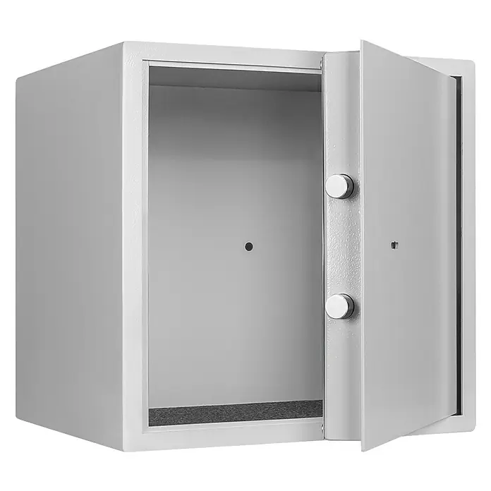 Format Möbeltresor F 2 - L x B x H: 350 x 380 x 380 mm, Doppelbart-Hochsicherheitsschloss, 42 l - Ein offener, grauer Safe mit Drehknöpfen und Innenraum mit grauer Filzauflage. Ein sicherer Aufbewahrungsort für Wertsachen.