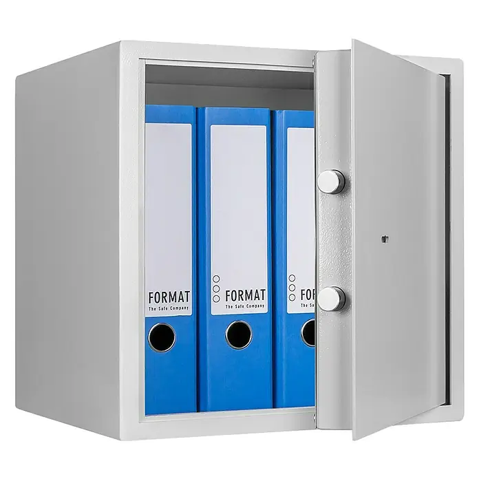 Format Möbeltresor F 2 - L x B x H: 350 x 380 x 380 mm, Doppelbart-Hochsicherheitsschloss, 42 l - Grauer Tresor mit geöffneter Tür und drei blauen Aktenordnern darin. Der Tresor ist von der Firma Format The Safe Company.