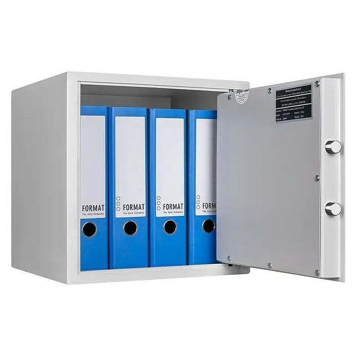 Format Möbeltresor F 2 - L x B x H: 350 x 380 x 380 mm, Doppelbart-Hochsicherheitsschloss, 42 l - Ein Tresor von FORMAT, der Safe Company, mit blauen Ordnern. Ideal für die sichere Aufbewahrung wichtiger Dokumente im Büro.