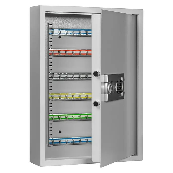 Format Schlüsselschrank SLE 120 - Elektronisches Zahlenschloss, L x B x H: 130 x 460 x 630 mm - Ein grauer Schlüsselschrank mit offenstehender Tür, der viele Schlüsselhaken und ein Zahlenschloss auf der Tür zeigt.
