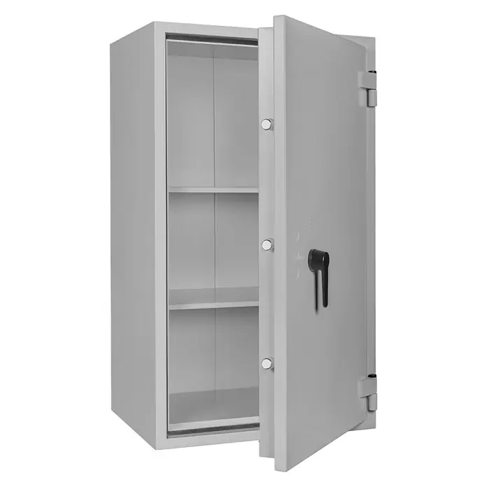 Format Stahlbüroschrank SB Pro 40 - Doppelbart-Hochsicherheitsschloss, L x B x H: 550 x 700 x 1.200 mm - Ein grauer Tresor mit geöffneter Tür und Regalen. Der Tresor steht auf einem weißen Hintergrund und ist aus Stahl gefertigt.