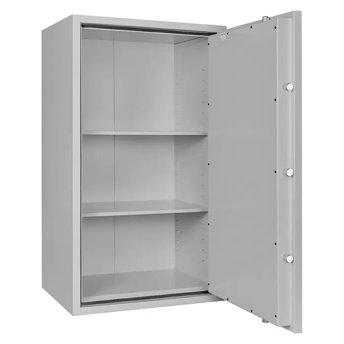 Format Stahlbüroschrank SB Pro 40 - Doppelbart-Hochsicherheitsschloss, L x B x H: 550 x 700 x 1.200 mm - Ein grauer Tresor mit offener Tür und drei Einlegeböden bietet viel Stauraum und Sicherheit.