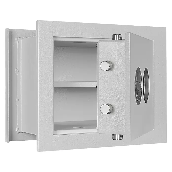 Format Wandtresor WEGA 10-260 - Doppelbart-Hochsicherheitsschloss, L x B x H: 260 x 390 x 330 mm - Das Bild zeigt einen offenen Tresor mit zwei Regalen im Inneren, der für die sichere Aufbewahrung von Wertsachen konzipiert ist.