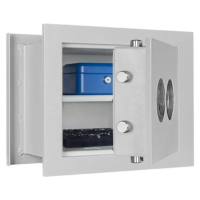 Format Wandtresor WEGA 10-260 - Doppelbart-Hochsicherheitsschloss, L x B x H: 260 x 390 x 330 mm - Offener Tresor mit blauem Kasten und Schmuckablage auf zwei Regalebenen, ideal für die sichere Aufbewahrung von Wertsachen.