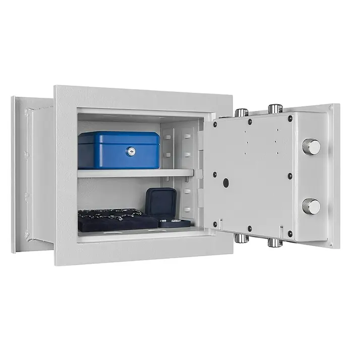 Format Wandtresor WEGA 10-260 - Doppelbart-Hochsicherheitsschloss, L x B x H: 260 x 390 x 330 mm - Offener Tresor mit blauer Schatulle und Schmuck. Bietet Schutz für Wertgegenstände und Dokumente vor Diebstahl. Sichere Aufbewahrung.