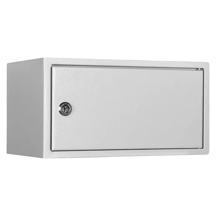 Format Wertschutzfach WF 3 - Zylinderschloss, L x B x H: 200 x 300 x 160 mm - Abgebildeter, abschließbarer Wandschrank aus robustem, grauem Metall für die sichere Aufbewahrung wichtiger Gegenstände.