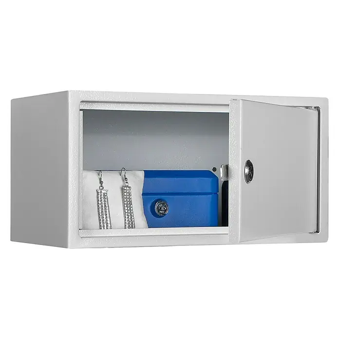 Format Wertschutzfach WF 3 - Zylinderschloss, L x B x H: 200 x 300 x 160 mm - Grauer Safe mit geöffneter Tür, darin eine blaue Box und Ohrringe auf einem weißen Kissen, ideal für die Aufbewahrung von Wertsachen.