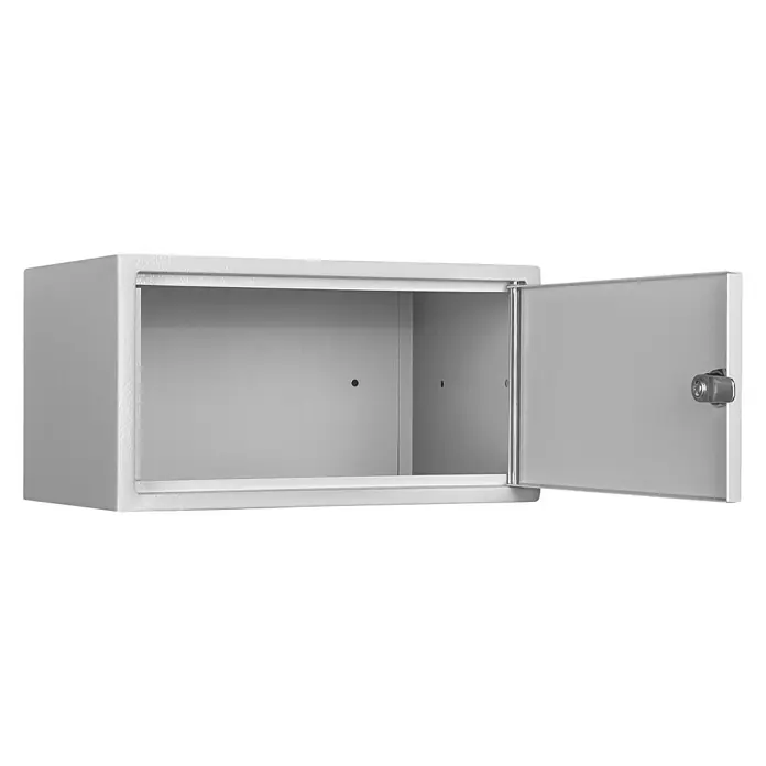 Format Wertschutzfach WF 3 - Zylinderschloss, L x B x H: 200 x 300 x 160 mm - Grauer Wandschrank mit offener Tür und silbernem Schloss, ideal zur Aufbewahrung von Medikamenten oder anderen wichtigen Gegenständen.