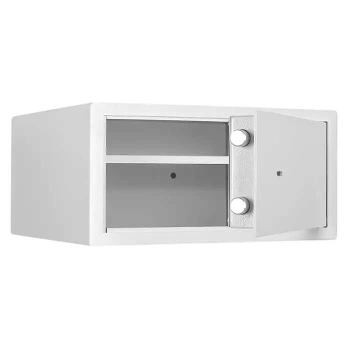 Format Möbeltresor F 1 - L x B x H: 375 x 380 x 190 mm, Doppelbart-Hochsicherheitsschloss, 23 l - Abgebildeter weißer Safe mit geöffneter Tür und zwei Regalen im Inneren, ideal für die sichere Aufbewahrung von Wertsachen.