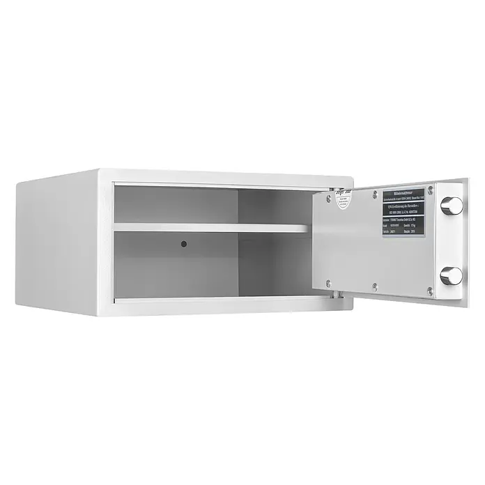 Format Möbeltresor F 1 - L x B x H: 375 x 380 x 190 mm, Doppelbart-Hochsicherheitsschloss, 23 l - Weißer Möbeltresor mit Regalboden und geöffneter Tür, der das Innere des Tresors zeigt.