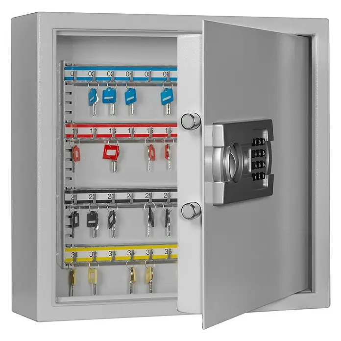 Format Schlüsselschrank SLE 80 - Elektronisches Zahlenschloss, L x B x H: 130 x 460 x 430 mm - Ein offener Schlüsselsafe mit farbcodierten Schlüsselanhängern und einem Zahlenschloss für sichere Aufbewahrung.