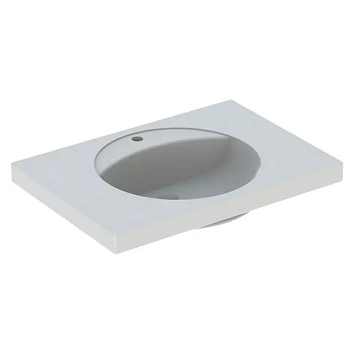 Geberit Preciosa Waschtisch - 80 x 55 cm, Mit schmutzabweisender Glasur, Hahnloch: Mitte, Ohne Überlauf, Weiß - Modernes Waschbecken aus weißem Material mit einer runden Form. Ideal für stilvolle Badezimmerdesigns und einfache Installation.