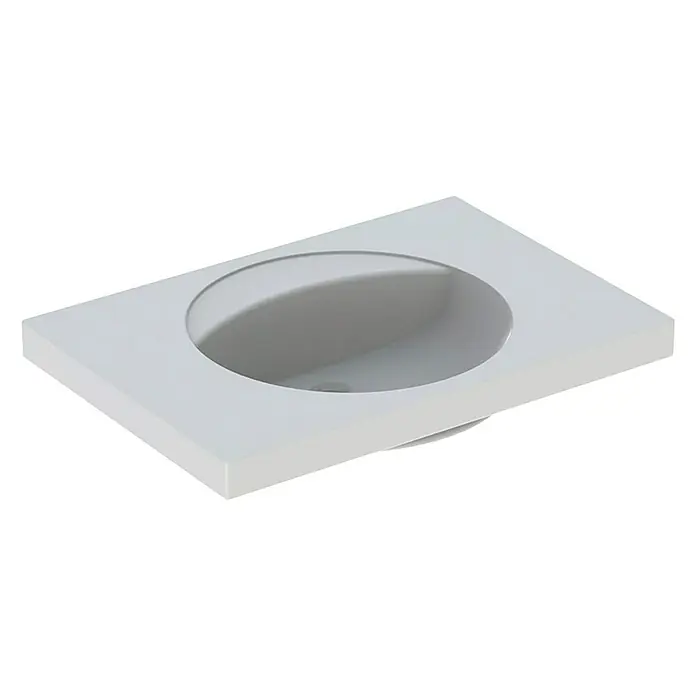Geberit Preciosa Waschtisch - 80 x 55 cm, Ohne Spezialglasur, Hahnloch: Ohne, Ohne Überlauf, Weiß - Bild eines modernen, weißen Waschbeckens mit rechteckiger Form und eingelassener, runder Mulde. Ideal für stilvolle Badezimmer.