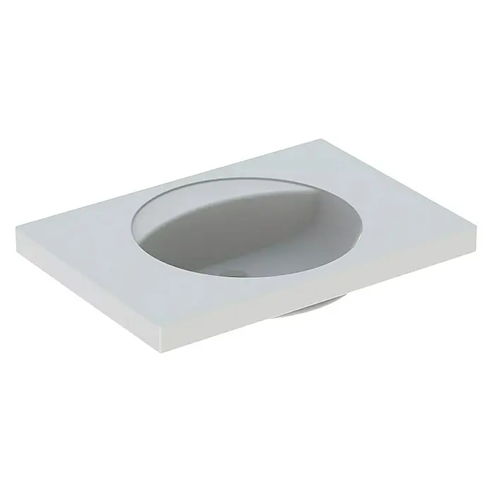 Geberit Preciosa Waschtisch - 80 x 55 cm, Mit schmutzabweisender Glasur, Hahnloch: Ohne, Ohne Überlauf, Weiß - Einbauwaschbecken mit ovaler Form. Das Becken ist in einer rechteckigen Platte eingelassen und aus hellem Material gefertigt.