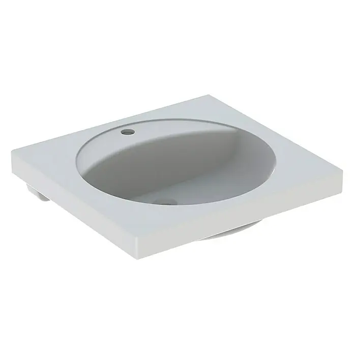 Geberit Preciosa Waschtisch - 60 x 55 cm, Mit schmutzabweisender Glasur, Hahnloch: Mitte, Ohne Überlauf, Weiß - Nahaufnahme eines modernen, weißen Waschbeckens mit quadratischer Form und runder Vertiefung. Perfekt für jedes stilvolle Badezimmer.