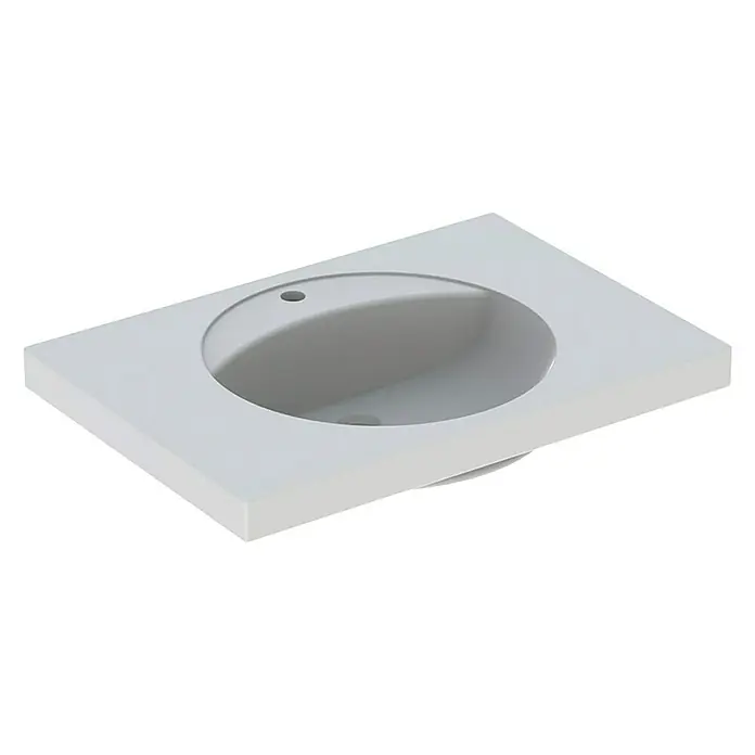 Geberit Preciosa Waschtisch - 80 x 55 cm, Ohne Spezialglasur, Hahnloch: Mitte, Ohne Überlauf, Weiß - Nahaufnahme eines modernen, rechteckigen Aufsatzwaschbeckens in Grau mit ovaler Mulde und Überlauf.