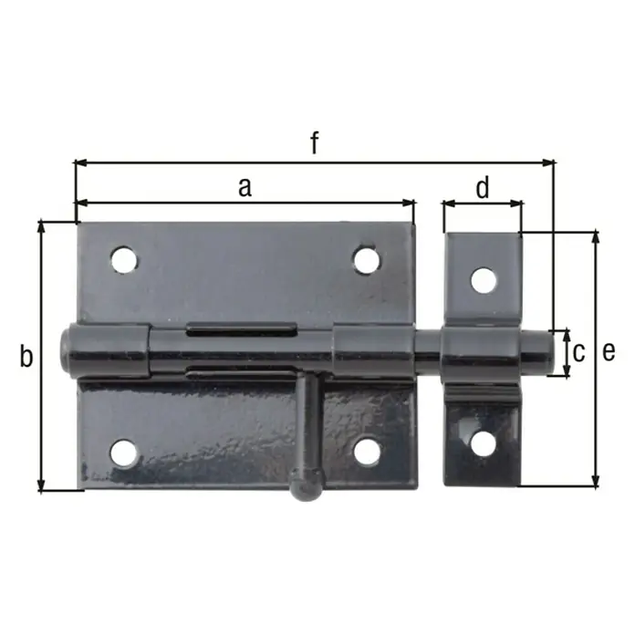 Alberts Pestillo deslizante con maneta redonda - Ventana, Negro, 100 x 57 x 16 mm - Imagen de un cerrojo negro con las dimensiones a, b, c, d, e y f para detalles técnicos.