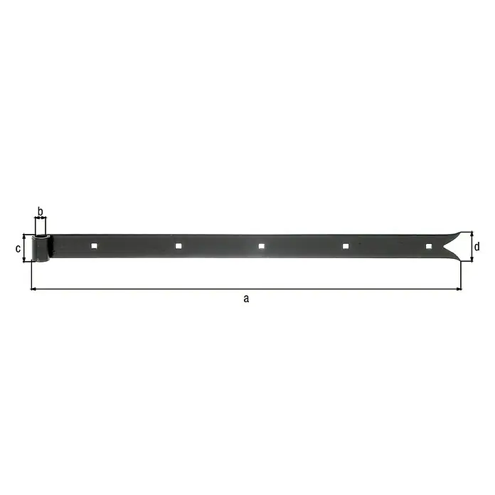 Alberts Bisagra con cola de pez - Largo: 600 mm, Negro, 4 agujeros - Se muestra una bisagra larga y estrecha, perfecta para puertas, portones y muebles. Es robusta y proporciona una función de rotación fiable.