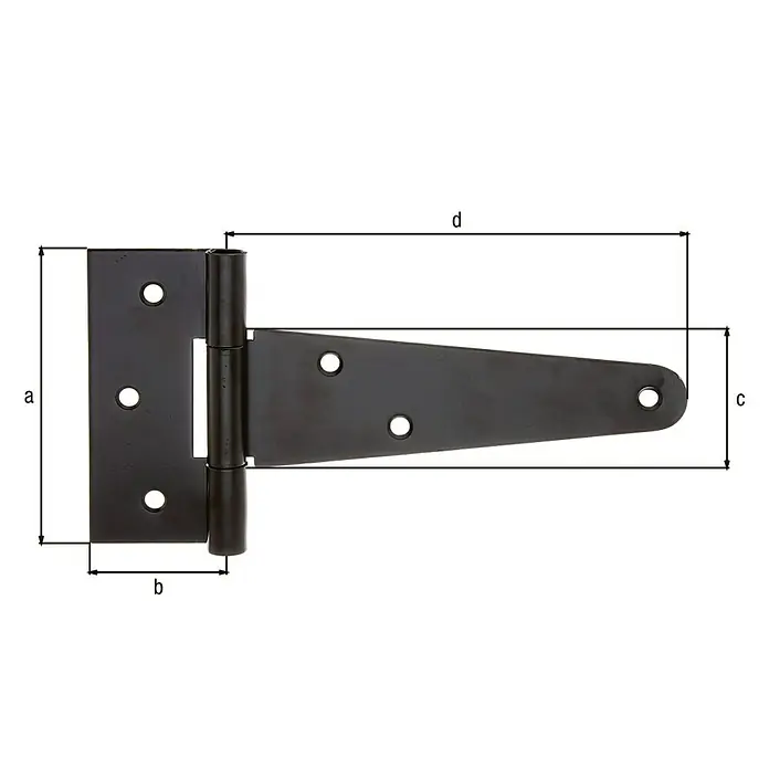 Alberts Bisagra de cofre - Largo: 198 mm, Negro, 6 agujeros - Imagen de una bisagra en T con dimensiones para una correcta instalación. Ideal para puertas y portones.