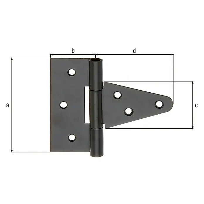 Alberts Bisagra de cofre - Largo: 79 mm, Negro, 6 agujeros - Bisagra en T negra que muestra las dimensiones a, b, c y d para una vista detallada del producto.