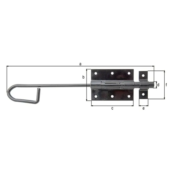 Alberts Pestillo deslizante tipo bayoneta - L x An: 300 x 67 mm, Negro, Zincado - Vista detallada de un cerrojo de cañón de color plateado con varios puntos de medición para indicar el tamaño.