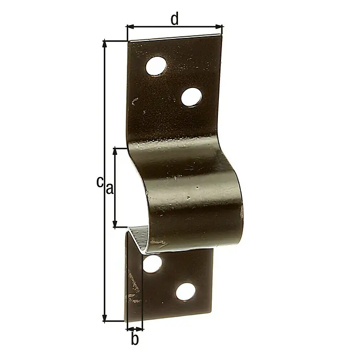 Alberts Presilla atornillable - Negro, Acero, Diámetro ojal: 16 mm - Vista del producto de una abrazadera de tubo robusta con dimensiones a, b, c y d. La abrazadera es de metal y tiene un color oscuro.