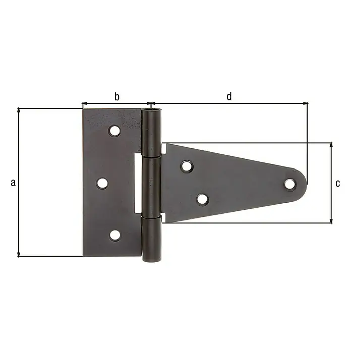 Alberts Bisagra de cofre - Largo: 102 mm, Negro, 6 agujeros - Primer plano de una bisagra en T que muestra sus medidas de ancho, alto y profundidad, ideal para detalles del producto.