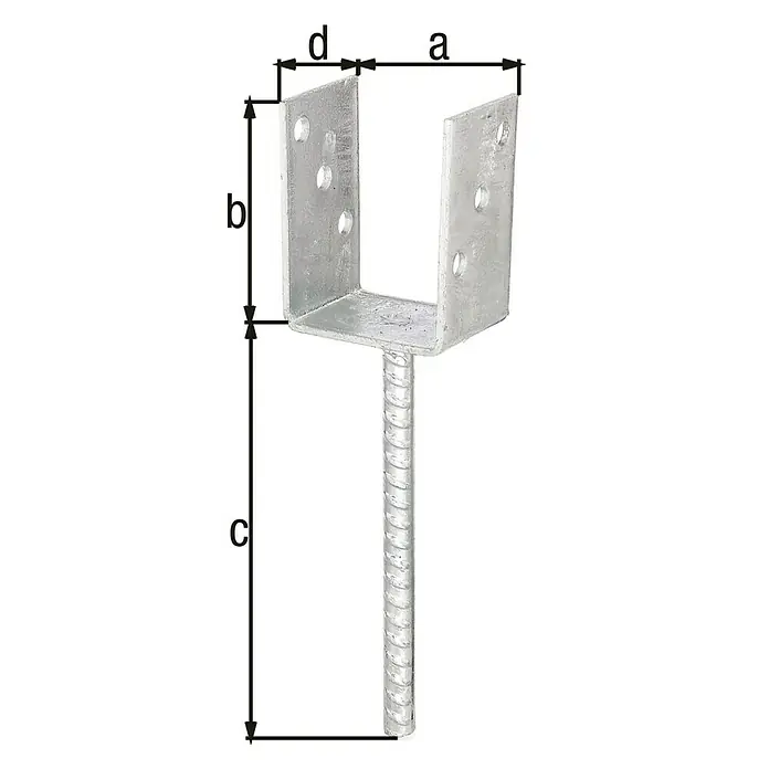 Alberts Soporte en U - L x An x Al: 60 x 75 x 104 mm, Zincado, Espesor: 4 mm - Soporte de poste con manguito de tierra hincado y dimensiones a, b, c y d. Ideal para montar postes de forma segura en exteriores.