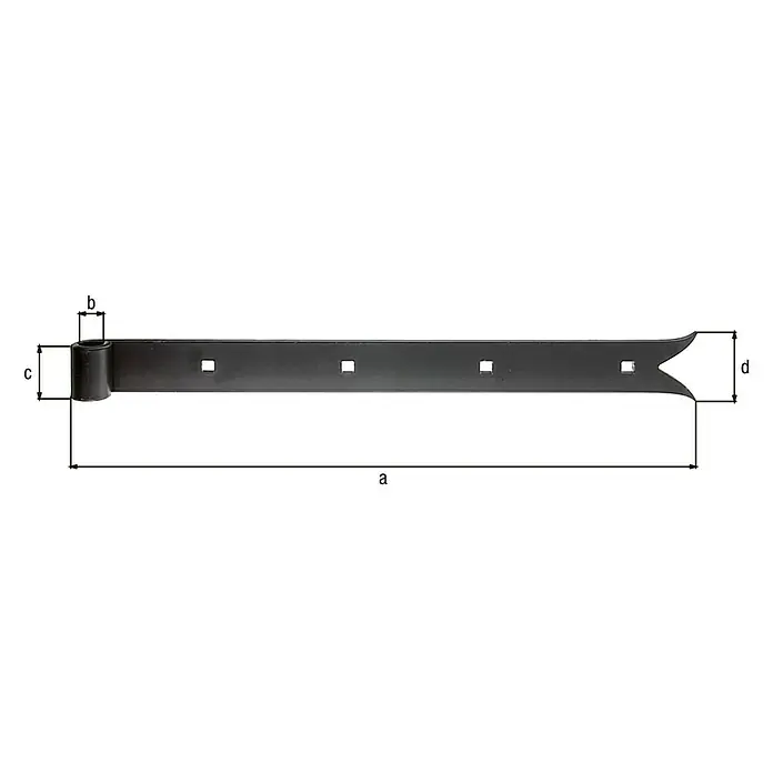 Alberts Bisagra con cola de pez - Largo: 400 mm, Negro, 4 agujeros - En la imagen, una bisagra de puerta negra etiquetada con las dimensiones a, b, c y d, que ofrece una solución robusta y fiable para puertas.