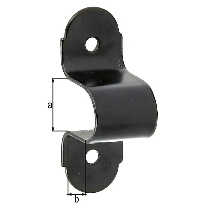 Alberts Presilla atornillable - Negro, Acero, Diámetro ojal: 3,5 mm - Una abrazadera de tubo negra con dimensiones a y b, diseñada para el montaje seguro de tubos o cables.