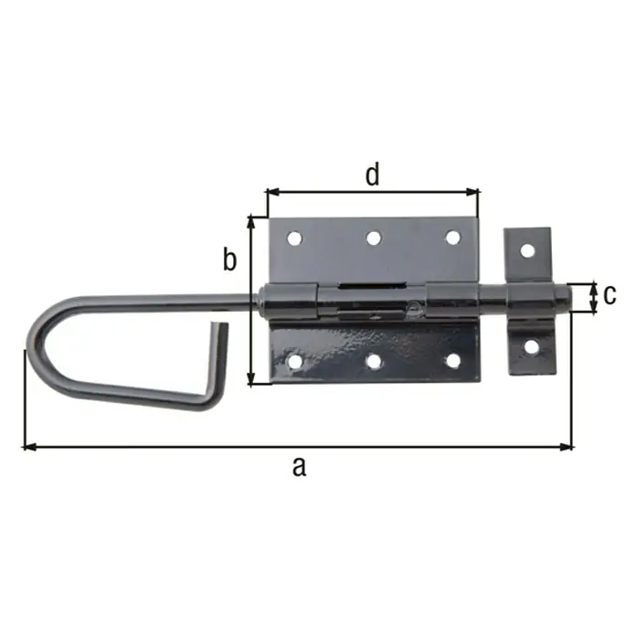 Alberts Pestillo deslizante tipo bayoneta - L x An: 200 x 66 mm, Negro, Zincado - Se muestra un cerrojo de cañón negro y robusto con dimensiones a, b, c y d, perfecto para asegurar puertas y portones en exteriores.