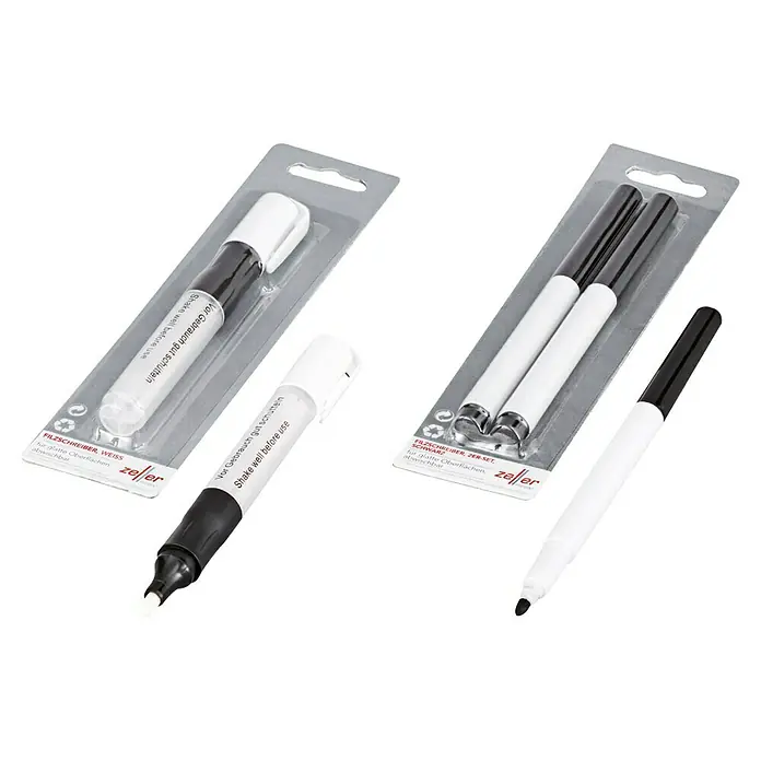 Zeller Present Filzschreiber - 2 Stk., Schwarz - Bild von weißen und schwarzen Markern der Marke Zeller in der Verpackung für glatte Oberflächen.