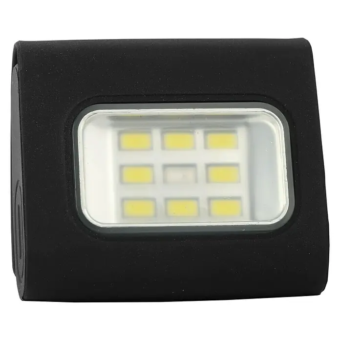 BAUHAUS Taschenlampe - Schwarz/Rot, Höhe: 2,5 cm - Nahaufnahme einer schwarzen LED-Arbeitsleuchte mit rechteckigem Leuchtfeld und mehreren kleinen LEDs.