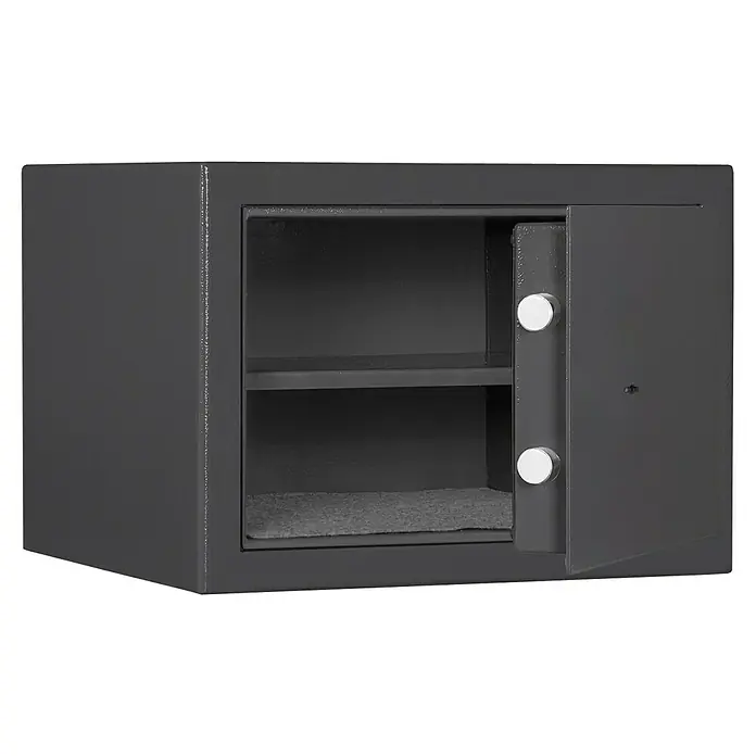 Stabilit Möbeltresor M 410 - Doppelbart-Hochsicherheitsschloss, Länge Innenmaß: 296 mm, Höhe Innenmaß: 226 mm, Breite Innenmaß: 350 mm - Nahaufnahme eines grauen Safes mit offener Tür, der zwei Regale und einen mit Stoff ausgelegten Boden zeigt.