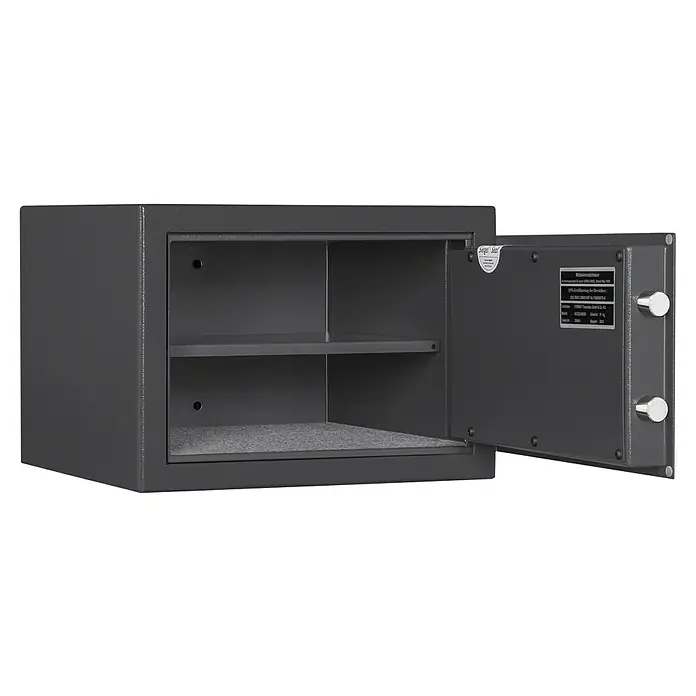 Stabilit Möbeltresor M 410Doppelbart-Hochsicherheitsschloss, Länge Innenmaß: 296 mm, Höhe Innenmaß: 226 mm, Breite Innenmaß: 350 mm - Geöffneter Tresor mit zwei Fächern. Ideal zur Aufbewahrung von Wertsachen. Bietet Sicherheit und Schutz für Ihre Dokumente und Schmuck.